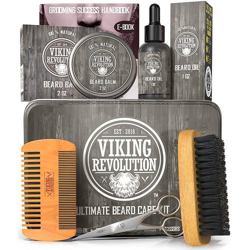 Viking Revolution Beard Care Kit for Men - Kit includes 100% Boar Beard Brush, Wooden Comb, Beard Balm, Beard Oil, Beard & Mustache Scissors in a Metal Box