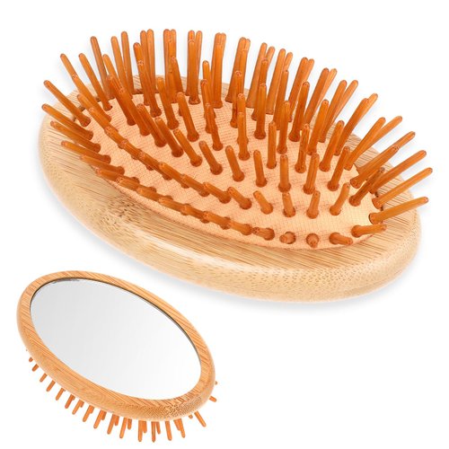 Bamboo Hair Brush with Mirror, Natural Wooden Hair Scalp Massager for Hair Growth Portable Detangler Brush Mini Travel Hair Brush Anti-Static Air Cushion Hair Brush for Women and Men