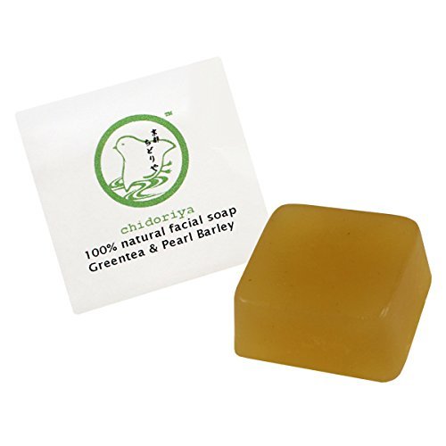 Chidoriya Organic Matcha Green Tea and Pearl Barley Facial Soap with Brown Sugar and Seaweed Powder for Trouble Skin, Great for Oily Mature Blemish Prone and or Combination Skin Types, 0.5 Ounces
