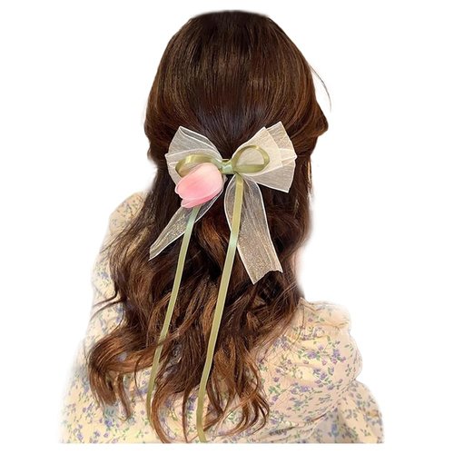 JKQBUX Forest-style Tulip Hair Accessories for Women & Girls - Flower Hair Ribbons, Headbands, Bowties, Purse/Handbag Decor (Tull Hair Clip/Gradient Pink Tulip)