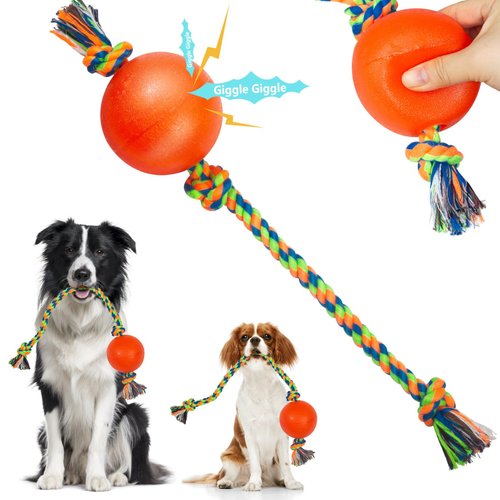 Harhana Dog Rope Toys with Squeaky Ball, Tug of War Dog Toy Ball on Rope, Durable Rubber, Fetch D...