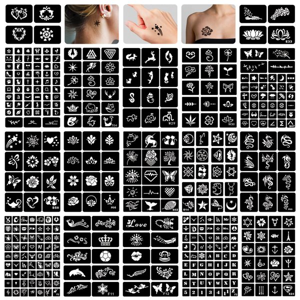 16 Sheets Henna Tattoo Stencils Reusable for Women Girls and Kids, 280+ PCS Tattoo Templates, Airbrush Tattoo Stencil