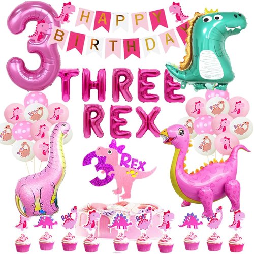 Pink Dinosaur Party Supplies,Baby Grl Pink Dinosaur Three Birthday Dino-Rex Party Decorations ,Dinosaur 3 Years Old Birthday Party Supplies Pink Dinosaur Party Supplies