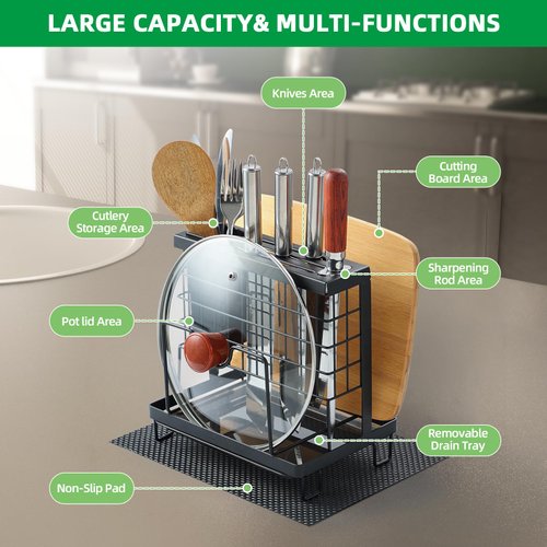 Universal Knife Block Holder, Kitchen Knife Holder Storage Organizer, Kitchen Utensils Holder, Cutting Board Rack, Pot Pan Lid Holder with Non-Slip Pad for Counter, Cabinet (Black)