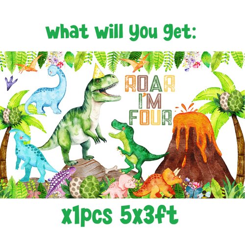 Dinosaur 4th Birthday Decorations Roar I’m Four Dinosaur Birthday Party Banner Backdrop Dinosaur Party Supplies for Boys 4th Dino Bday Decor