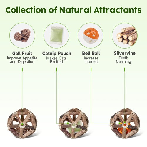 Potaroma Catnip Toys, 3Pcs Cat Toys Natural Silvervine Stick Cage Balls & Bell Ball for Indoor Cats, Kitten Cleaning Teeth Molar Matatabi Cat Chew Toy All Breeds