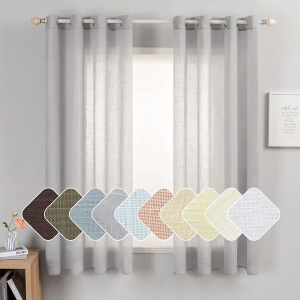 MIULEE 2 Panels Natural Linen Semi Sheer Window Curtains Elegant Solid Light Grey Drapes Grommet Top Window Voile Panels Linen Textured Panels for Bedroom Living Room (52X63 Inch)