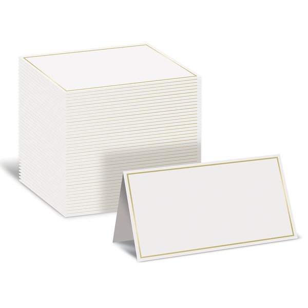 100 Pack Gold Metallic Border Place Cards, 2 x 3.5 in, Folded Table Tent Cards for Weddings, Dinner Parties, Buffet Banquets, by Better Office Products (White)