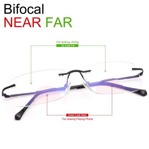 Rimless Clear Bifocal Reading Glasses Blue Light Blocking Readers for Men and Women Unisex Eyewear Far Near Dual-Use Lightweight Magnifying Anti Glare UV Digital Reduce Eyestrain Fashion Eyeglasses