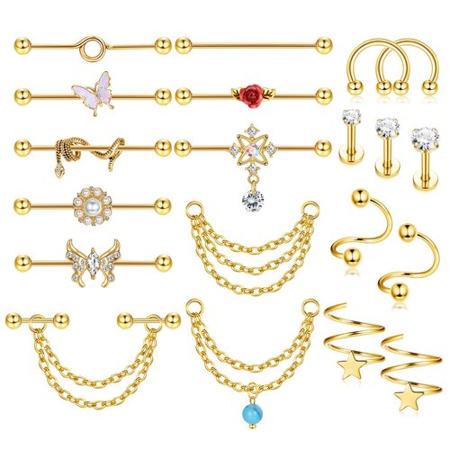 JeryWe 20-23Pcs Stainless Steel Industrial Piercing Jewelry 14g 16g Industrial Earrings Chain Industrial Bar Piercing Cartilage Helix Piercing Earrings Industrial Barbell for Women Men