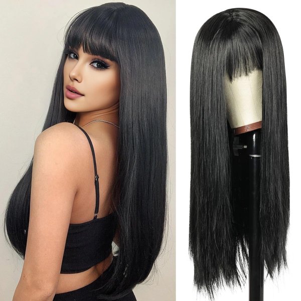 QUEENTAS 25'' Long Black Wig with Bangs Straight Wigs for Women Natural Synthetic Long Hair Glueless Wig