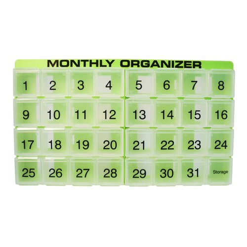 31 compartments, 1 per Day, 4 Week Monthly Pill Organizer by Promed. Includes Tray and 8 Removable compartments. (Green)