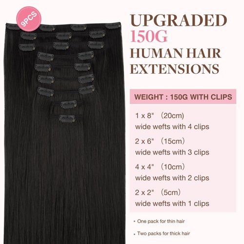 GOO GOO Clip in Hair Extensions Real Human Hair, 16inch 150g 9Pcs, 1B Natural black, Remy Human Hair Extensions Clip ins for Women, Natural Human Hair