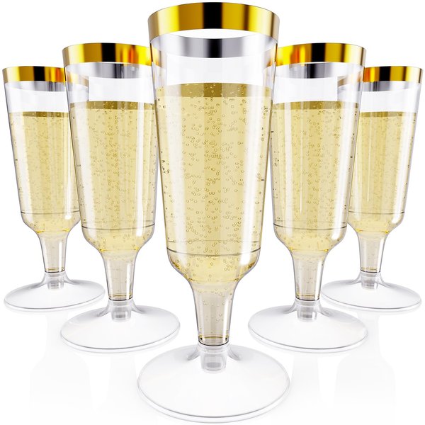 JOLLY CHEF 50 Pack Plastic Champagne Flutes Disposable 5 oz Gold Rim Plastic Champagne Glasses Perfect for Wedding, Thanksgiving Day, Christmas