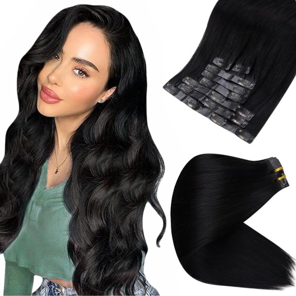 Full Shine Clip in Hair Extensions Human Hair Black Invisible Hair Extensions Clip in Real Human Hair Jet Black PU Weft Human Hair Clip in Extensions Full Head 18 Inch 8 Pcs 120g
