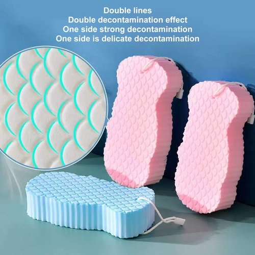 2PCS Exfoliating Bath Sponge, Fish Scale Pattern Shower Sponge 3D Super Soft Body Exfoliator Sponge with Lanyard for Adults Kids