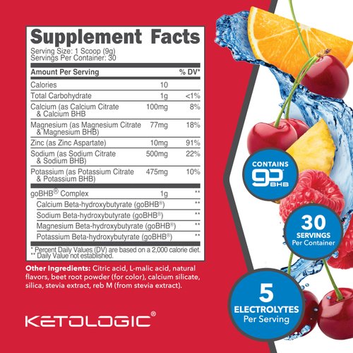 Ketologic Keto Electrolyte Powder (Tropical Punch) 30 Servings - Sugar-Free Hydration Drink Mix with goBHB Complex