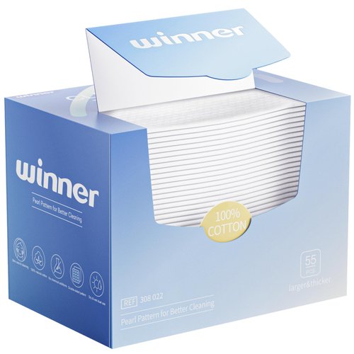 Winner Face Towels, 100% USA Cotton Disposable Face Towel, Unscented Face Towelettes, Ultra Soft Makeup Remover Dry Wipes, Durable Facial Towels for Skin Cleaning, 55 Count, 1 Pack