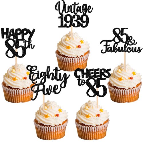 30PCS Happy 85th Birthday Cupcake Toppers Glitter Eighty Five Vintage 1939 Cupcake Picks 85 Fabulous Cheers to 85 Years Cake Decorations for 85th Birthday Anniversary Party Supplies Black