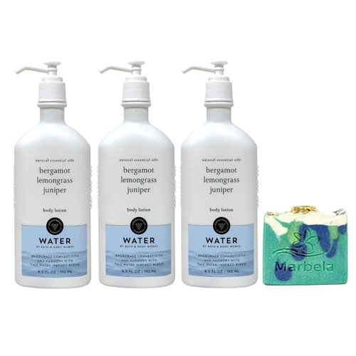Bath & Body Works Aromatherapy Water Bergamot Lemongrass Juniper 3 Pack Body Lotion Gift Set Bundle with an Aloe Vera Bar Soap - Full Size