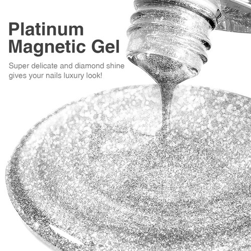 BEAUTPAL Platinum Cat Eye Gel Nail Polish, Silver Sparkly Shine Cat Eye Soak Off UV LED Nail Polish Gel Salon Manicure Nail Art DIY at Home 15ML(0.51FL OZ) with Magnetic Stick