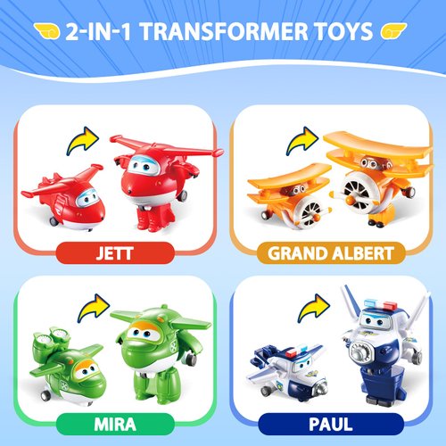 Super Wings 2" Transform-A-Robots 4 Pack Jett, Paul, Mira, and Grand Albert, Airplane Toys Mini Action Figures, Transformer Toys for 3+ Years Old Boys and Grils