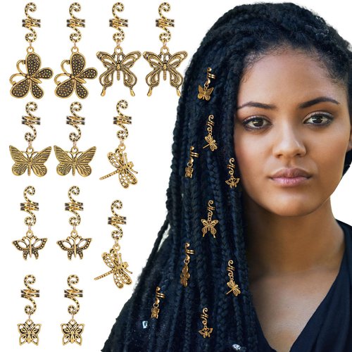 HINZIC 12PCS Gold Butterfly Hair Clips Loc Hair Jewelry for Braids Dreadlocks Braiding Beads Hair Cuffs Rings Accessories for Women Girls Wedding Party Prom (6 Styles)