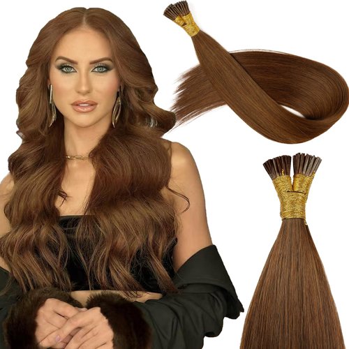 KiiKiiGirl Virgin Remy I Tip Hair Extensions Human Hair #4 Chocolate Brown Real Itip Human Hair Extensions 20Inch Pre Bonded I Tips Human Hair Extensions Invisible Caramel Light Blonde 30G/Pack