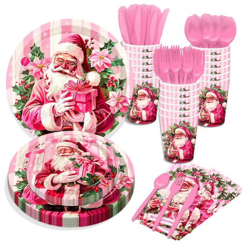 116 Pcs Christmas Santa Claus Party Supplies 16 Guests Christmas Party Decorations Set Including Christmas Santa Claus Party Paper Plates Dinner Plates Napkins Cups Set for Christmas Party Decoration