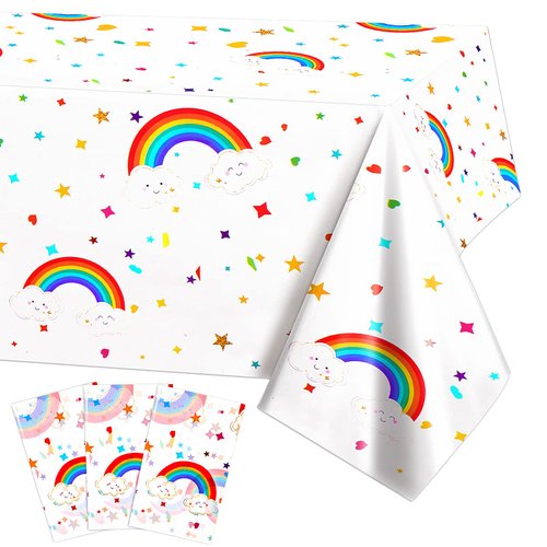 PHOGARY 3 Pieces Rainbow Tablecloths, Plastic Rainbow Table Covers Rainbow Clouds Tablecloth Colorful Disposable Rectangular Table Cover for Rainbow Birthday Party Decorations