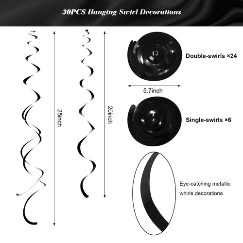 Party Swirl Decorations Black Shinny Foil Hanging Swirl Decorations Plastic Streamer for Ceiling Plastic Streamer for Party Decorations Metallic Hanging Swirl Pack of 30