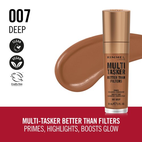 Rimmel Multi-Tasker Better Than Filters, 007 Deep, Face Primer, Glow Booster and Highlighter, Vegan Formula, Anti-Ageing Benefits, Light-Reflecting Pigments, Giant Soft-Touch Wand, 1oz
