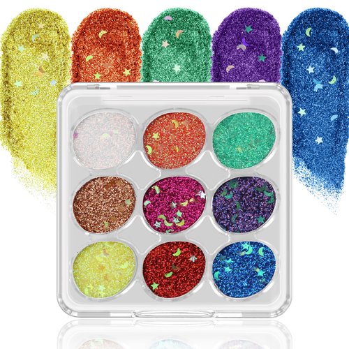 AFGHOUZ Glitter Eyeshadow Palette, Colorful Shimmer Eye Shadow Palette, With 9 Highly Pigmented Sparkly Shades, Waterproof Highlight Eye Makeup