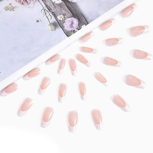 Aksod Long Coffin French Manicure Press on Nails Tips Glossy Pink Fake Nails Designed Ballerina Full Cover Artificial False Nails Tips for Women and Gilrs (24Pcs)