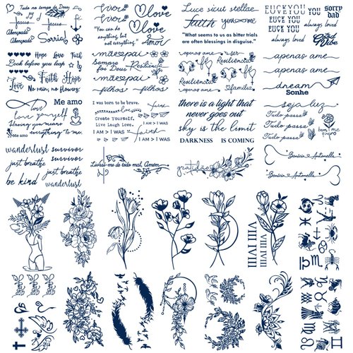 30 Sheets Semi-Permanent Tattoos for Women Inspirational Words Tattoo Stickers, Floral Rose Sunflower Body Dark Blue Fake Tattoos for Adult Men Kids, Lasting 1-2weeks Tiny Waterproof Tattoos (Words)