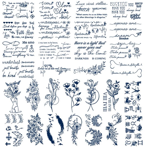 30 Sheets Semi-Permanent Tattoos for Women Inspirational Words Tattoo Stickers, Floral Rose Sunflower Body Dark Blue Fake Tattoos for Adult Men Kids, Lasting 1-2weeks Tiny Waterproof Tattoos (Words)