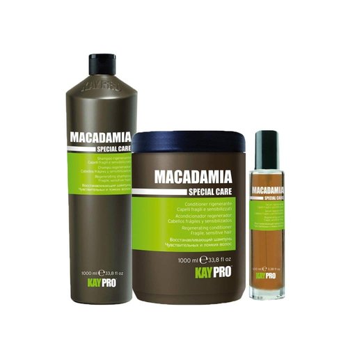 KAYPRO MACADAMIA – fragile, sensitive hair shampoo 1000ml+conditioner 1000ml+ serum 100ml – set, White