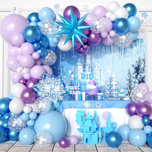 Frozen Balloon Garland Arch Kit, Snowflake Blue and Purple White Balloons with Blue Starburst for Winter Christmas Baby Shower Snow Princess Frozen Birthday Party Supplies Decorations