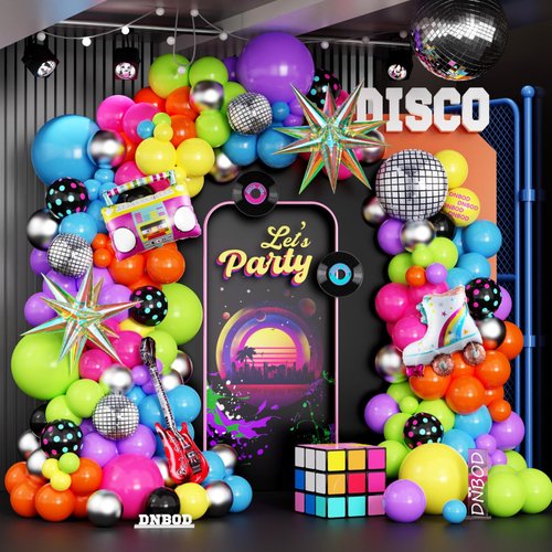 90s Retro Party Balloon Garland Kit,135Pcs Mix Neon Colors Balloon Arch with Radio,Guitar,Roller Skate,Laser Explosion Star,Disco Ball foil Balloons for Back to 80s 90s Rock Theme Party Decorations