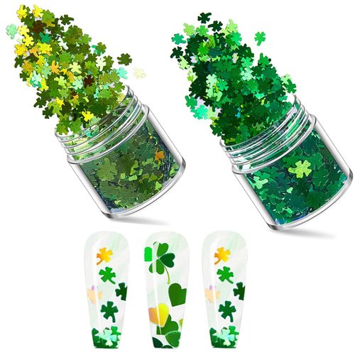 2 Boxes St. Patrick’s Nail Stickers Glitter Decals Clover Nail Sequins Nail Art Supplies Shamrock...