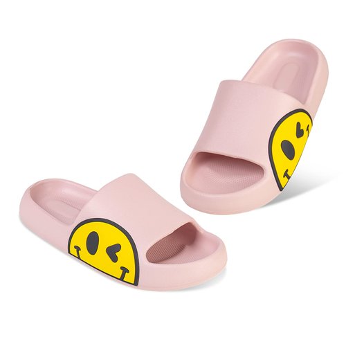 Uonesone Womens Slides,Pillow Slippers Sandals for Men,Unisex Non slip Quick Dry Shower Shoes Indoor Outdoor Open Toe Spa Bath Pool Gym House Casual Massage Smile Face Slippers(Pink 39/40)