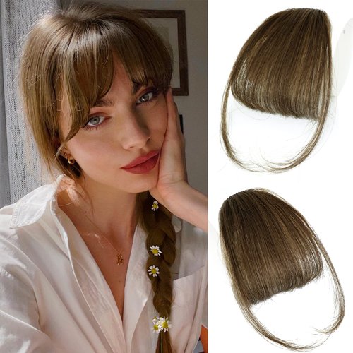 WECAN Clip in Bangs 100% Human Hair Extensions Light Brown bangs hair clip Fringe with Temples Wigs for Women Everyday Wear Curved Bangs (M Light Brown)