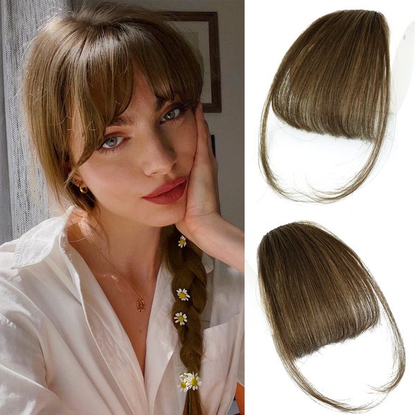 WECAN Clip in Bangs 100% Human Hair Extensions Light Brown bangs hair clip Fringe with Temples Wigs for Women Everyday Wear Curved Bangs (M Light Brown)