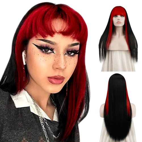 SOFEIYAN Long Straight Wig with Bangs Black with Red Strips Synthetic Hair Replacement Wigs Heat Resistant Full Wig for Women Girls 26 inches