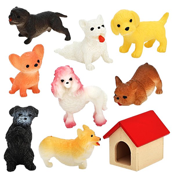 ONEST 9 Pieces Mini Dog Figurines Playset Dog House Hand Painted Tiny Dogs Realistic Detailed Plastic Puppy Figures Toys for Kids Adults