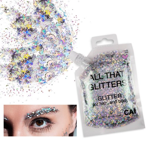 Body Glitter Gel- Face, Body & Hair (5 Pk Unicorn) Chunky Iridescent Holograph Stars & Moon, 3 oz | Cosmetic-Grade Makeup, Apply Without Glue, Easy to Take Off & Keep Skin Cleanat Raves