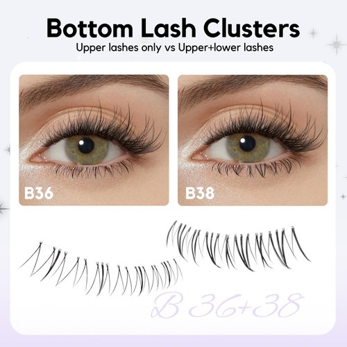 GAQQI Bottom Lash Clusters Natural Bottom Lashes Clear Band, DIY Lash Extensions Lower Lashes, Soft & Comfortable Thin Band Bottom Eyelashes 2 Style Mixed Natural or Thick 6mm 48pcs(B36+B38)