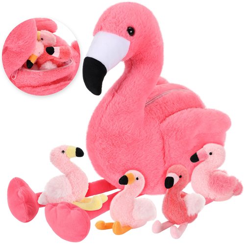 Skylety 18 Inches Flamingo Stuffed Animal with 4 Babies Flamingo Plush Toys Inside Zippered Tummy Pink Mommy Flamingo Toy Stuffed Animals for Birthday Party Decorations