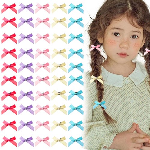 50 PCS Hair Bow Clips and Barrettes for Girls and Women - Small Bowknot Ribbons and Accessories