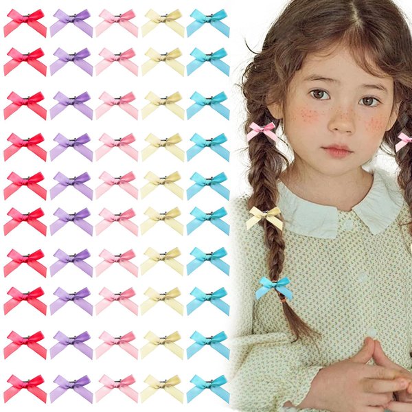 50 PCS Hair Bow Clips and Barrettes for Girls and Women - Small Bowknot Ribbons and Accessories